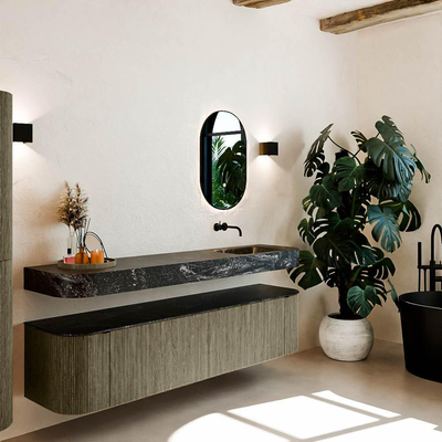 MONDIAZ THOR-DLUX 190cm meuble de salle de bains arrondi gauche + droite couleur Shadow avec 2 tiroirs et 2 portes. Vasque suspendue CLOUD droite sans trou de robinet couleur Lava.