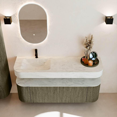 MONDIAZ THOR-DLUX 150cm meuble de salle de bains arrondi gauche + droite couleur Shadow avec 1 tiroir et 2 portes. Vasque suspendue CLOUD gauche 1 trou de robinet couleur Opalo.