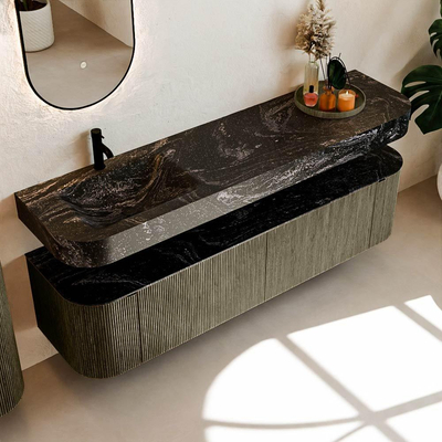 MONDIAZ THOR-DLUX 180cm meuble de salle de bains arrondi gauche + droite couleur Shadow avec 2 tiroirs et 2 portes. Vasque suspendue CLOUD Gauche 1 trou de robinet couleur Lava.