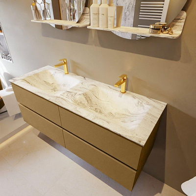 MONDIAZ VICA-DLUX Badkamermeubelset - 130cm - onderkast oro - 4 lades - inbouw wastafel cloud dubbel - 2 kraangaten - 60cm hoge versie - glace