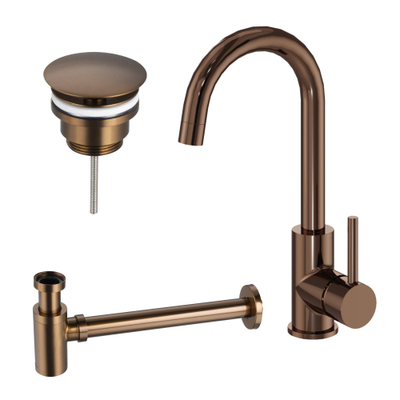 Fortifura Calvi Wastafelkraanset - hoge wastafelkraan - draaibare - uitloop - always open plug - verlaagde design - sifon - PVD - geborsteld koper