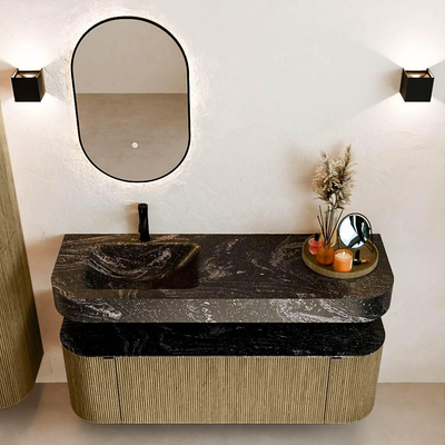 MONDIAZ THOR-DLUX 140cm meuble de salle de bains arrondi gauche + droite couleur Dusk avec 1 tiroir et 2 portes. Vasque suspendue CLOUD Gauche 1 trou de robinet couleur Lava.