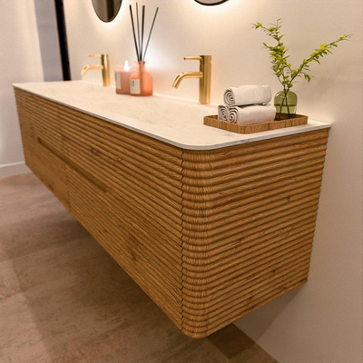 Mondiaz CIRO-DLUX Badkamermeubelset - 190x45x50cm - Solid surface wastafel Opalo - 2 wasbak Dubbel - 2 kraangaten - 4 lades - Oak