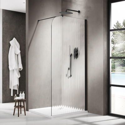 Fortifura Galeria Inloopdouche - 110x200cm - afgeronde glaswand - rechts - ribbel glas - wandarm - mat zwart