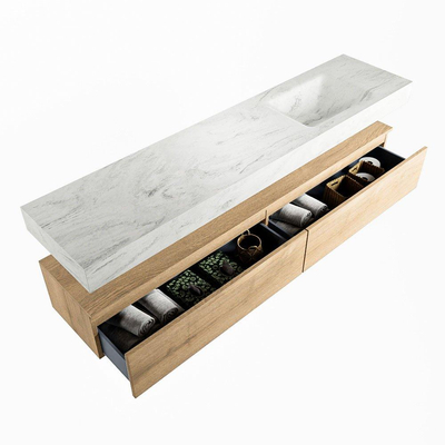 Mondiaz ALAN-DLUX Ensemble de meuble - 200cm - meuble Washed Oak mat - 2 tiroirs - Lavabo Cloud Opalo suspendu - vasque Droite - 1 trou de robinet