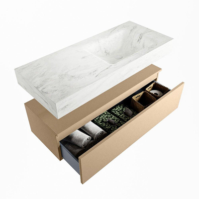 Mondiaz ALAN-DLUX Ensemble de meuble - 110cm - meuble Oro mat - 1 tiroir - Lavabo Cloud Opalo suspendu - vasque Droite - 1 trou de robinet