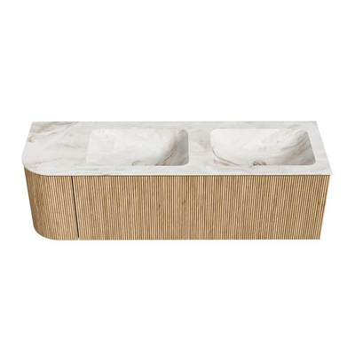 MONDIAZ KURVE-DLUX 145cm Meuble salle de bain avec module 25 G - couleur Oak - 1 tiroir - 1 porte - vasque LEAF double / droite - sans trou de robinet - couleur Frappe