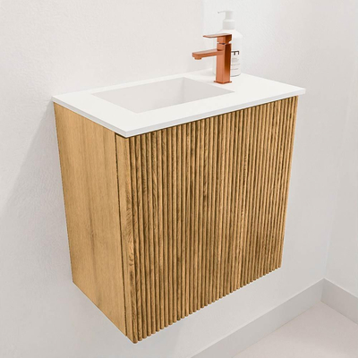 Mondiaz JOYA 40cm toiletmeubel - kleur Oak - Wastafel FAYE positie Links 1 kraangat kleur Talc.