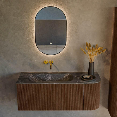 MONDIAZ KURVE-DLUX meuble de salle de bains 115 cm avec module 25 R couleur Walnut avec 1 tiroir et 1 porte. Lavabo BIG SMALL gauche sans trou de robinet couleur Lava.