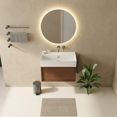 Saniclass Holz Frame Ensemble de meuble de salle de bains - 80x45x52cm - Legend lavabo en céramique blanc - 1 vasque - sans trou de robinetterie - 1 tiroir - walnut pure mat (bois)
