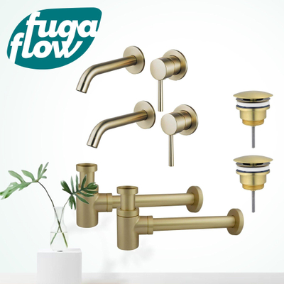 FugaFlow Eccelente Sobrado Badkamer Slim Wastafelkraanset - voor dubbele wastafel - inbouw wastafelkraan - always open plug - verlaagde design sifon - PVD Geborsteld Messing
