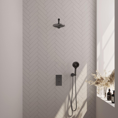 BRAUER Gunmetal Carving inbouw regendoucheset – Ø20 cm hoofddouche – 40 cm rechte wandarm – ronde handdouche – met omstel