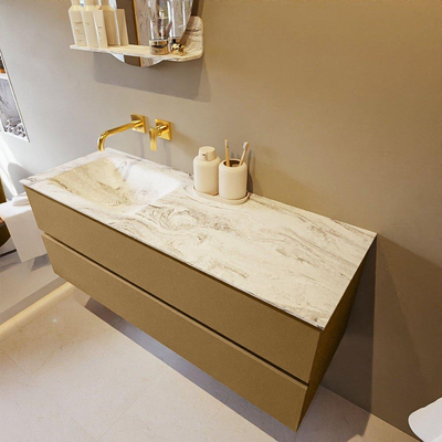 Mondiaz VICA-DLUX ensemble de meuble de salle de bain - 130cm - meuble sous-vasque oro - 2 tiroirs - lavabo encastré cloud gauche - sans trous de robinet - version haute de 60cm - glace