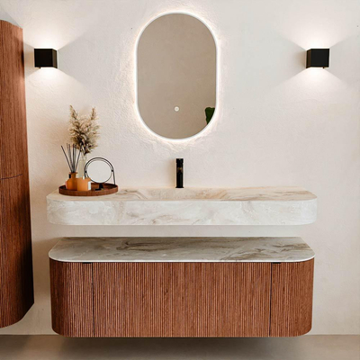 MONDIAZ THOR-DLUX 140cm meuble de salle de bains arrondi gauche + droite couleur Ruby avec 1 tiroir et 2 portes. Vasque suspendue CLOUD Milieu 1 trou de robinet couleur Frappe.