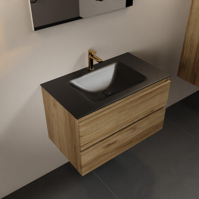 Mondiaz AIVY Ensemble de meuble - 80x45x50cm - 1 trou de robinet - 1 vasque Urban Solid surface - Centre - 2 tiroirs - avec miroir - Melamine Chai