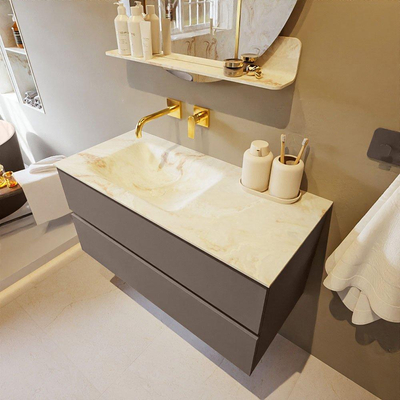 Mondiaz VICA-DLUX ensemble de meuble de salle de bain - 100cm - meuble sous-vasque fumée - 2 tiroirs - lavabo encastré nuage gauche - sans trous de robinet - version haute de 60cm - frape