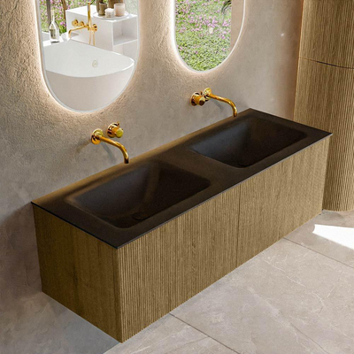 Mondiaz KURVE Ensemble de meuble de salle de bains - 130x46x40cm - 2 tiroirs - vasque solid surface - double - sans trou de robinet - Dusk