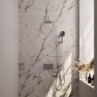 Brauer Chrome Carving douche pluie thermostatique encastrée set de boutons 69 20cm douche de tête bras mural courbé 3 positions douchette à main flexible de douche barre coulissante intégrée chrome