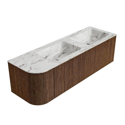 MONDIAZ KURVE-DLUX 145cm Meuble salle de bain avec module 25 G - couleur Walnut - 1 tiroir - 1 porte - vasque LEAF double / droite - sans trou de robinet - couleur Glace