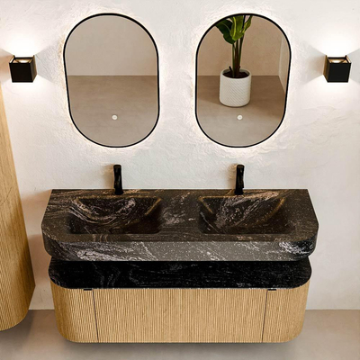 MONDIAZ THOR-DLUX 140cm badmeubel ronding links + rechts kleur Oak met 1 lade en 2 deuren. Vrijhangende wastafel CLOUD Dubbel 2 kraangaten kleur Lava.