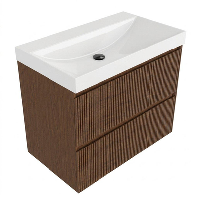 Saniclass Holz Atelier Ensemble meuble de salle de bains - 80x45x67.5cm - lavabo Wave en céramique - 1 vasque - sans trou de robinetterie - 2 tiroirs - walnut pure mat (bois)