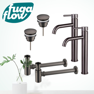 FugaFlow Eccelente Sobrado Kit robinet lavabo - pour double vasque - robinet rehaussé - bonde clic clac - siphon design bas - Gunmetal PVD