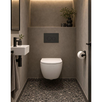 QeramiQ Dely Swirl Compact Toiletset - inbouwreservoir QeramiQ flush - slim zitting - kunststof bedieningsplaat mat antraciet - ronde knoppen - mat wit