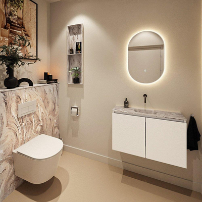 MONDIAZ TURE-DLUX Meuble toilette - 80cm - Talc - EDEN - vasque Glace - position centrale - sans trou de robinet