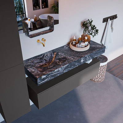 Mondiaz ALAN-DLUX Ensemble de meuble - 130cm - meuble Dark grey mat - 1 tiroir - Lavabo Cloud Lava suspendu - vasque Gauche - 0 trous de robinet