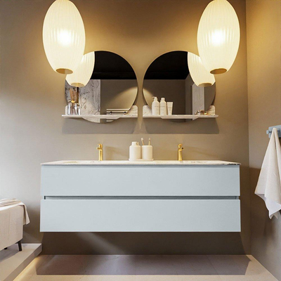 Mondiaz VICA-DLUX Ensemble de meuble de salle de bain - 150cm - meuble sous-vasque argile - 2 tiroirs - lavabo encastré nuage double - 2 trous de robinet - version haute de 60cm - glace