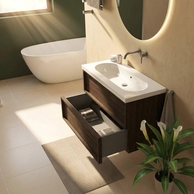 Saniclass Holz Frame Ensemble de meubles de salle de bains - 100x45x63.5cm - lavabo en céramique Palermo blanc - 1 vasque - sans trou de robinetterie - 2 tiroirs - chêne charcoal mat (bois)