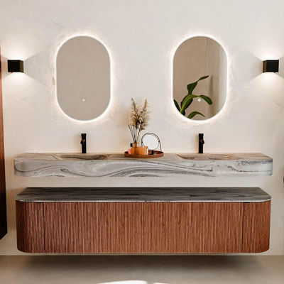 MONDIAZ THOR-DLUX 200cm meuble de salle de bains arrondi gauche + droite couleur Ruby avec 2 tiroirs et 2 portes. Vasque suspendue CLOUD Double 2 trous de robinet couleur Sombra.