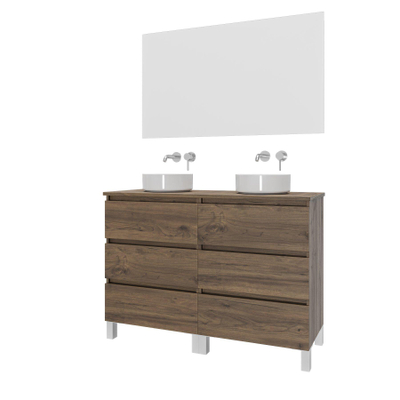Saniclass Chaci PLUS Meuble de salle de bain - 120x86x46cm - vasque - plan de toilette - 6 tiroirs - miroir rectangulaire - noyer (hout)