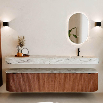 MONDIAZ THOR-DLUX 200cm meuble de salle de bains arrondi gauche + droite couleur Ruby avec 2 tiroirs et 2 portes. Vasque suspendue CLOUD Droite 1 trou de robinet couleur Glace.