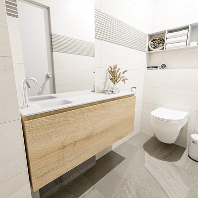 MONDIAZ OLAN Kit lave-mains - 120x30x40cm - 1 trou de robinet - 1 tiroir - chêne blanchi mat - lavabo à gauche - Solid Surface Blanc