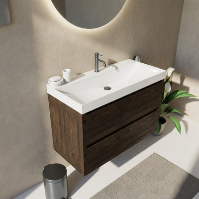 Saniclass Holz Pure Ensemble meuble de salle de bains - 100x45x67.5cm - Wave lavabo en céramique - 1 vasque - 1 trou de robinet - 2 tiroirs - chêne charcoal mat (bois)