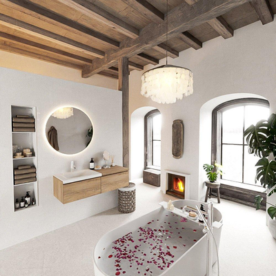 MONDIAZ BUKLA meuble de salle de bains 120 cm avec module 60 couleur Chêne lavé avec 2 tiroirs. Lavabo CLOUD gauche 1 trou de robinet couleur Talc.