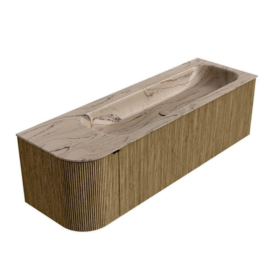 MONDIAZ KURVE-DLUX 145cm meuble de salle de bains arrondi gauche couleur Dusk avec 1 tiroir et 1 porte. Plan-vasque BIG LARGE droite sans trou de robinet Arena.