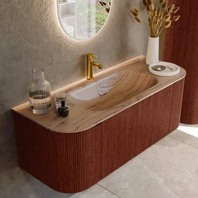 MONDIAZ KURVE-DLUX 120cm meuble de salle de bains arrondi Gauche + Droite couleur Ruby avec 1 tiroir et 2 portes. Vasque BIG SMALL Centrale 1 trou de robinet Arena.