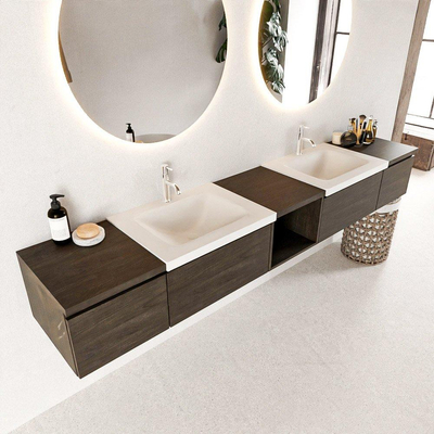 MONDIAZ BUKLA 240cm ensemble de meuble avec module ouvert 40 au milieu couleur Marron foncé avec 4 tiroirs. Lavabo CLOUD double 2 trous de robinet couleur Talc.