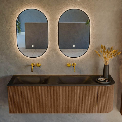 MONDIAZ KURVE 145cm Meuble salle de bain avec module 25 D - couleur Walnut - 1 tiroir - 1 porte - vasque CLOUD double / gauche - sans trous de robinet - Urban