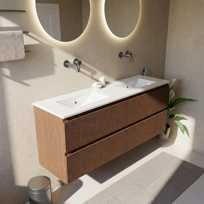 Saniclass Holz Atelier Ensemble de meubles de salle de bains - 160x45x62cm - lavabo Vygo en céramique blanc - 2 vasques - sans trous de robinet - 4 tiroirs - noyer pure mat (bois)