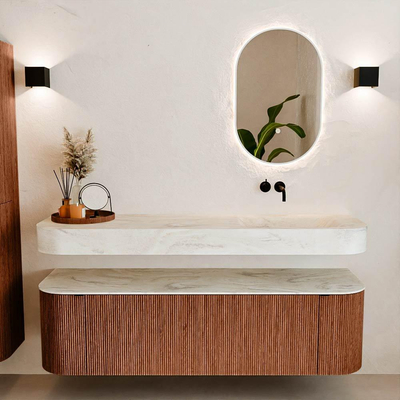 MONDIAZ THOR-DLUX 160cm meuble de salle de bains arrondi gauche + droite couleur Ruby avec 1 tiroir et 2 portes. Vasque suspendue CLOUD Droite sans trou de robinet couleur Ostra.