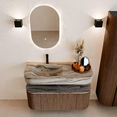 MONDIAZ THOR-DLUX 110cm badmeubel ronding links + rechts kleur Walnut met 1 lade en 2 deuren. Vrijhangende wastafel CLOUD Links 1 kraangat kleur Sombra.