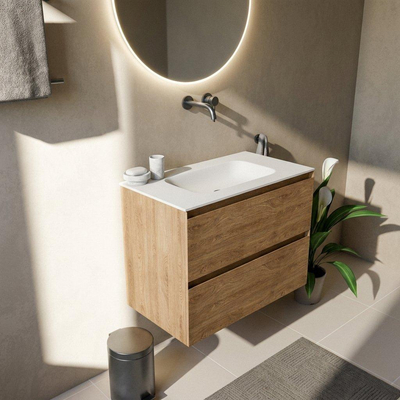 Saniclass Holz Pure Ensemble meuble de salle de bains - 80x45x61.5cm - lavabo Flow en solid surface blanc - 1 vasque - sans trou de robinetterie - 2 tiroirs - chêne natural mat (bois)