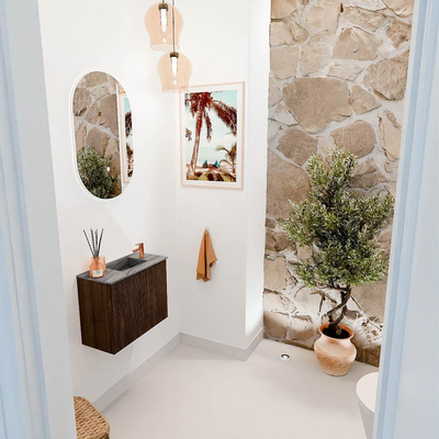 Mondiaz JOYA-DLUX 50cm toiletmeubel - kleur Walnut - Wastafel FAYE positie Rechts 1 kraangat kleur Sombra.