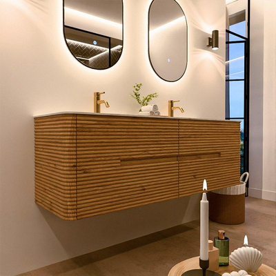 Mondiaz CIRO-DLUX Badkamermeubelset - 150x45x50cm - Solid surface wastafel Opalo - 2 wasbak Dubbel - 2 kraangaten - 4 lades - Oak