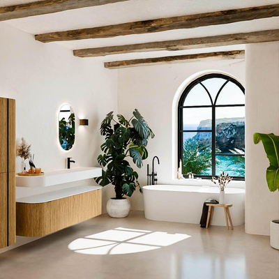 MONDIAZ THOR 170cm badmeubel ronding links + rechts kleur Oak met 1 lade en 2 deuren. Vrijhangende wastafel CLOUD Rechts 1 kraangat kleur Talc.