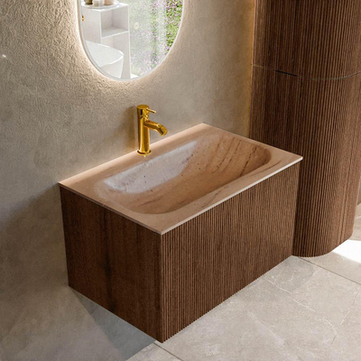 MONDIAZ KURVE-DLUX 70cm badmeubel kleur Walnut met 1 lade en 0 deuren. Wastafel BIG SMALL Midden 1 kraangat Saba.
