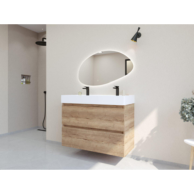 HR Infinity XXL ensemble de meubles de salle de bain 3d 100 cm 1 lavabo céramique kube blanc 2 trous de robinet 2 tiroirs chêne français